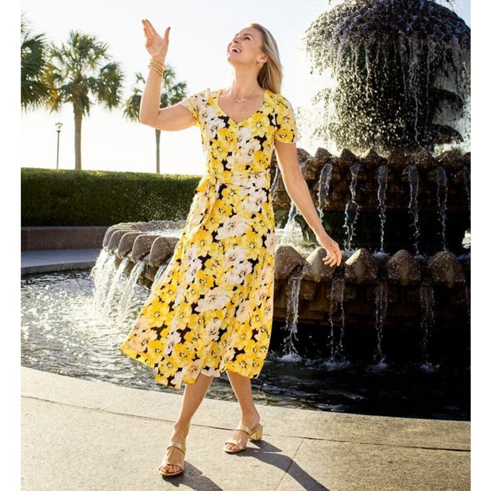 Talbots Stretch Crepe Midi Dress in Yellow Pippy Poppies Floral Print, Size 22W